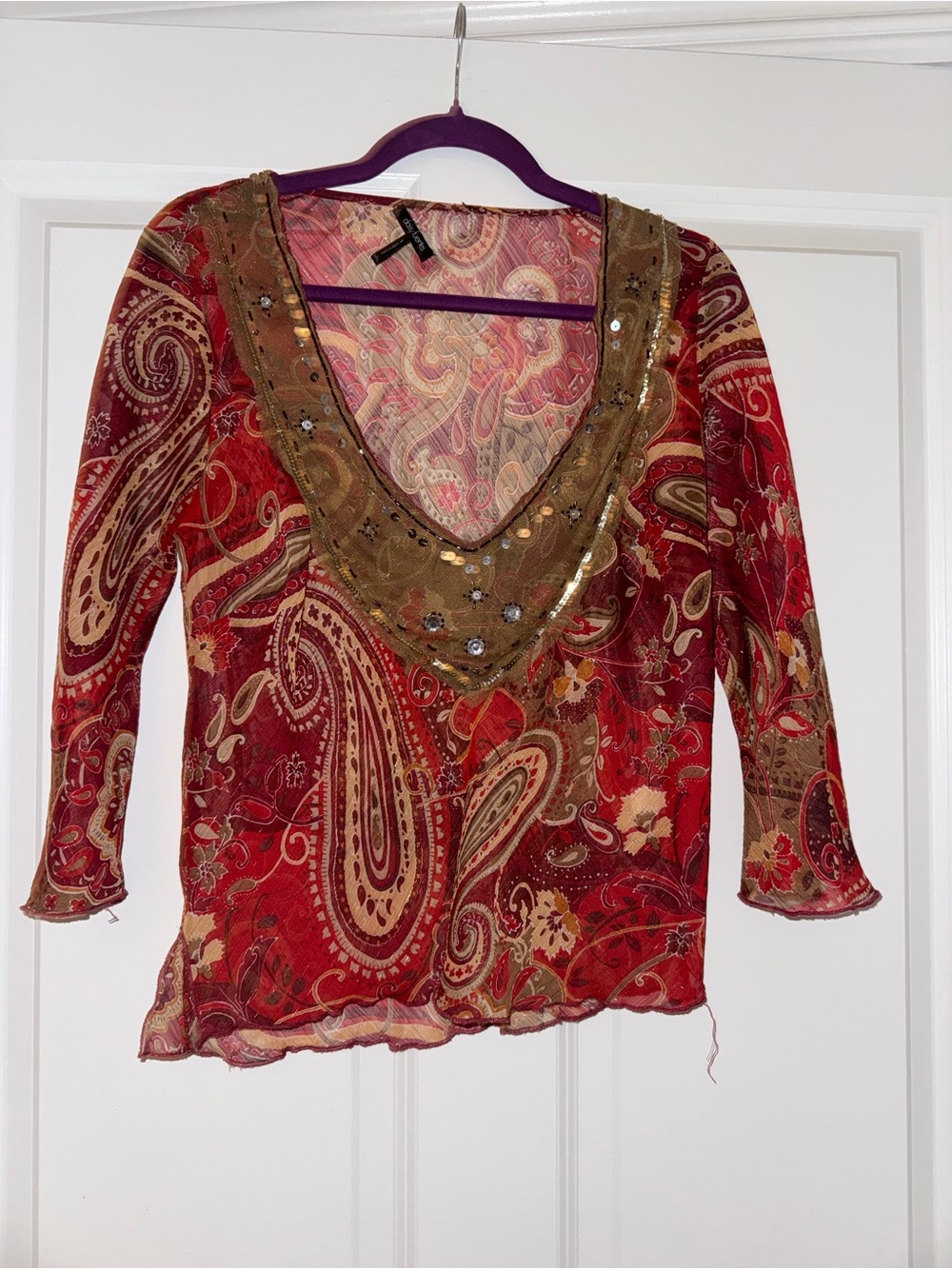 Daisy Fuentes Red Paisley V-Neck Top with Gold Embellished Trim